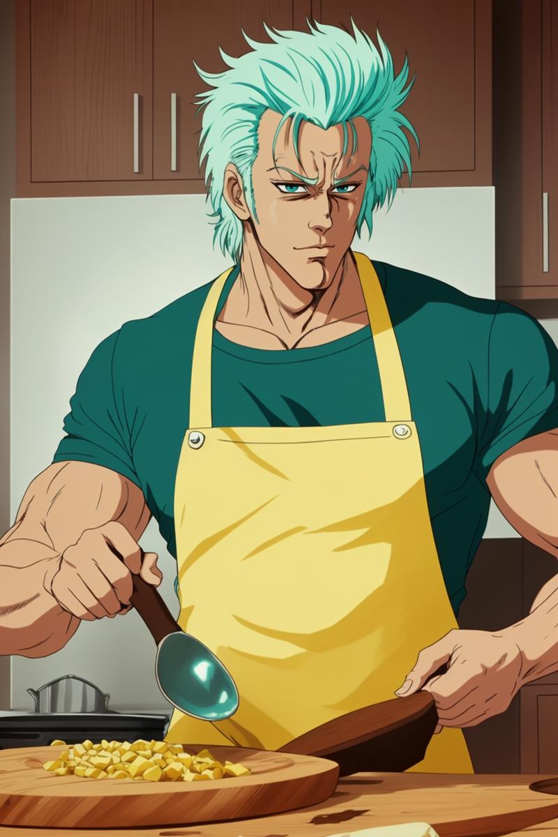 1671612808975-2041335684-closeup of a man with teal hair, wearing a yellow apron, cooking in a kitchen, holding a pan and a wooden spoon, _HNKstyle,_.png